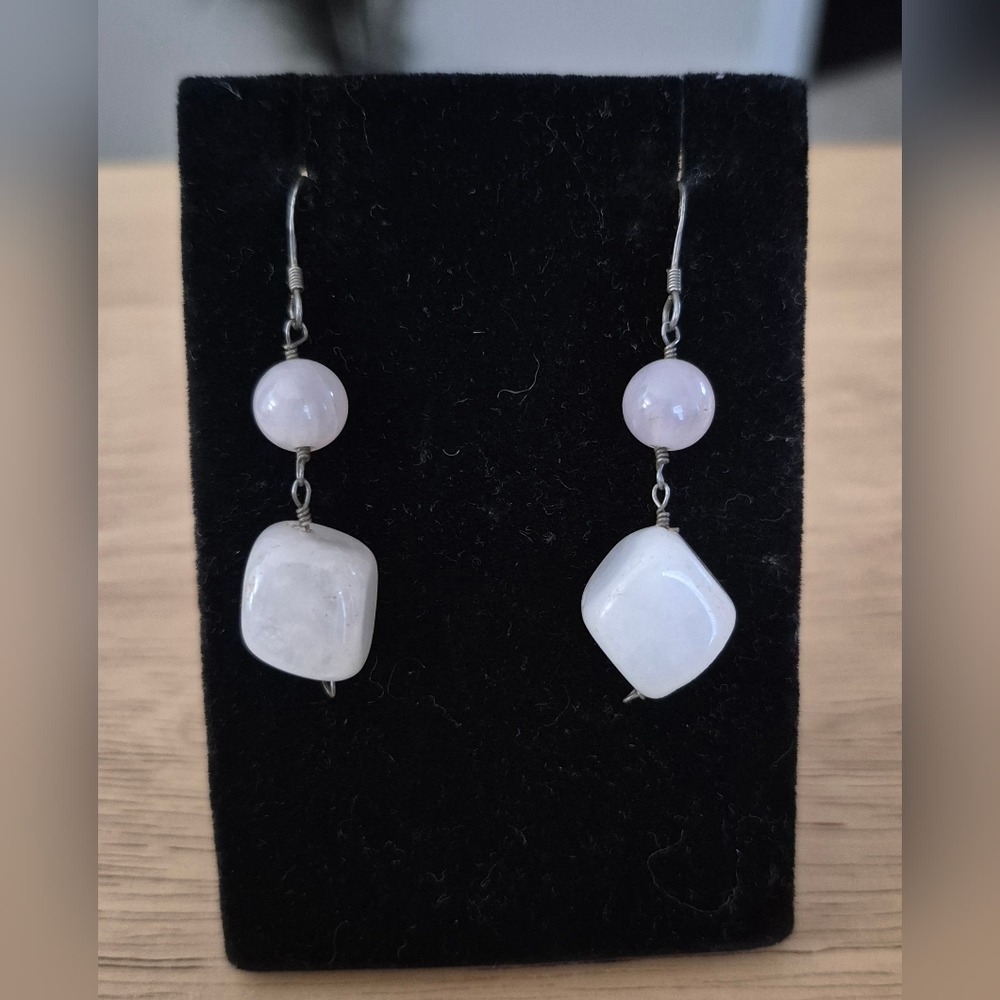 Vintage Rose Quartz Dangle Earrings Sterling Silver Wire Wrapped